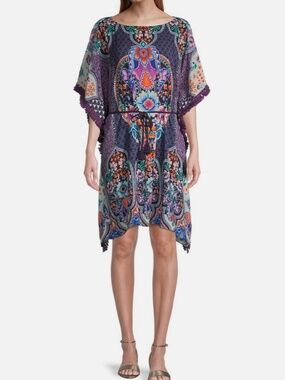 Johnny Was Saba Tunic Dress Coverup Purple Floral Fringe Boho Kaftan